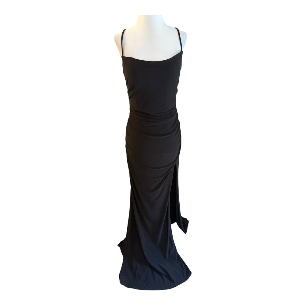 La Femme Black Maxi Dress Ruched Open Back Formal Gown Size 10 NWOT